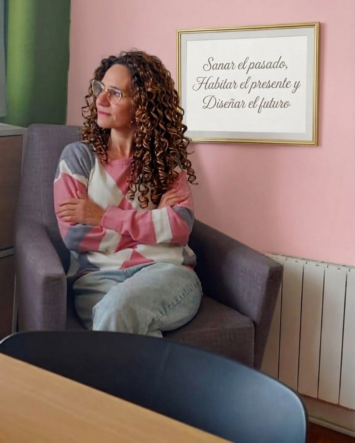 Gabriela Guevara en su espacio de acompañamiento, junto a la frase Sanar el pasado, habitar el presente y diseñar el futuro